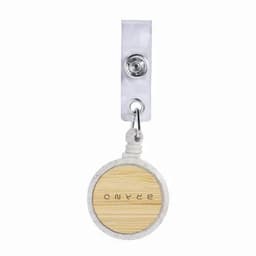 A badge reel with a round, wooden centre and a white strap. Features a circular shape and a logo.
