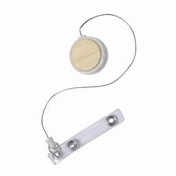 A drink bottle with a round wooden top, attached to a clear plastic base by a thin wire.