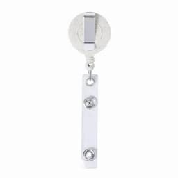 A white lanyard with a round clip, featuring a metal connector at the bottom. It has a simple design.