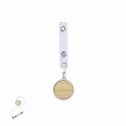 A badge holder with a silver clip and a circular wooden reel, featuring a pull-out cord design.