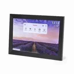 A digital photo frame with a black frame displaying a lavender field scene and a user interface on the screen.