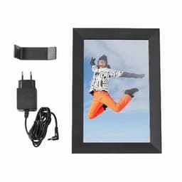 A digital photo frame in black, accompanied by a power adapter and a mounting clip.