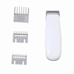 A hair clipper in white with three grey guide combs positioned alongside.