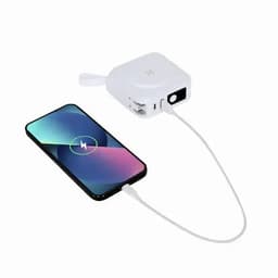A charging device connected to a smartphone via a white cable. The device is white in colour.
