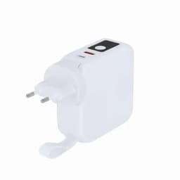 A white power adapter with two prongs and a cable. It features a button and a small LED light.