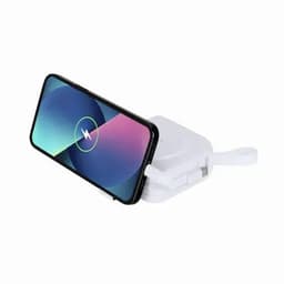 A wireless phone charger in white, featuring a compact design with a charging pad and a cable attachment.