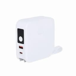 A white power adapter with two USB ports and a retractable plug, featuring a small branding logo.