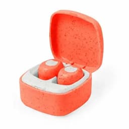A pair of wireless earbuds in an orange case with a light grey interior, partially open to reveal the earbuds inside.