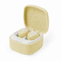 A yellow earbud case with a textured surface, containing two earbuds nestled inside.
