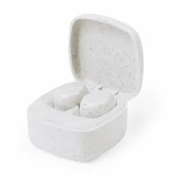 A small white earbud case with a speckled texture, containing two earbuds inside. It has a hinged lid.