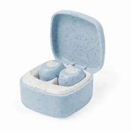A light blue earbud case is open, revealing two matching earbuds inside. The case has a speckled texture and includes a logo.