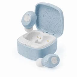 A set of light blue wireless earbuds in a matching case, featuring a speckled design. The case is slightly open.