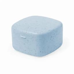 A square, light blue storage container with a lid, featuring a speckled design and a smooth surface.