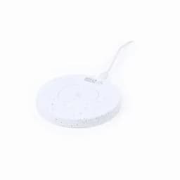 A white wireless charger with a speckled design and a connected cable. Features a simple round shape.