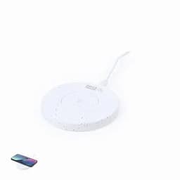 A wireless charger in white with a speckled design, featuring a charging cable and a smartphone.