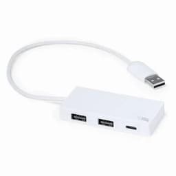 A USB hub in white with three USB ports and one USB-C port, connected by a short cable.