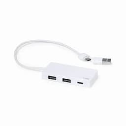 A USB hub with a white casing featuring two USB-A ports and one USB-C port, connected by a white cable.