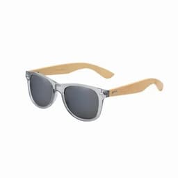 Sunglasses with grey frames and wooden arms, featuring a classic design and dark lenses.