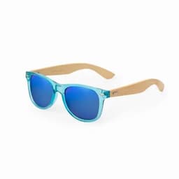 A pair of sunglasses with a turquoise frame and blue mirrored lenses, featuring wooden arms.