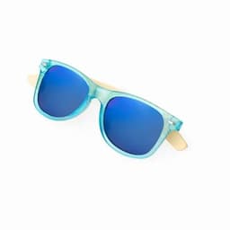 A pair of blue-tinted sunglasses with clear frames and light brown arms, featuring a logo on the side.