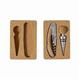 A cork tray holding a wine corkscrew, pourer, and stopper, featuring a natural cork finish.