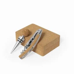 A corkscrew and wine bottle stopper set on a cork base, featuring a silver finish on the tools.