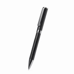 A black pen with a sleek design and silver accents, featuring a clip on one side.