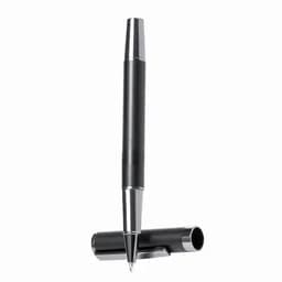 A pen with a sleek black barrel and silver accents, positioned with its cap removed. It features a clip for easy attachment.