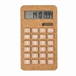 A calculator with a cork texture and beige buttons, featuring a digital display at the top.