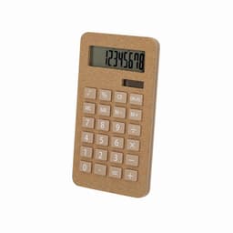 A calculator with a cork texture finish, featuring a digital display and soft beige buttons.