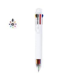 A multi-coloured pen with a white body featuring various ink colours and a clear barrel. Includes a branding logo.