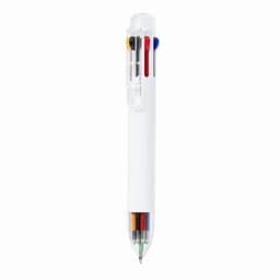 A multi-coloured pen with a white body, featuring four ink colours visible through a transparent section.