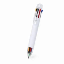 A multi-coloured retractable pen with a white barrel and a clear tip showcasing various ink colours inside.