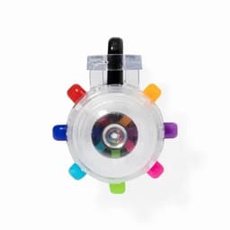 A colourful spinning toy with eight multi-coloured flexible tips and a clear casing, featuring a central rotating section.