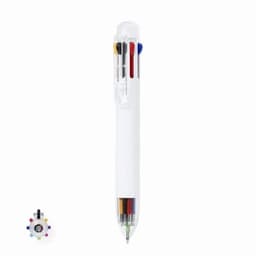 A multi-coloured pen with a transparent body, featuring various ink colours and a branding logo on the side.