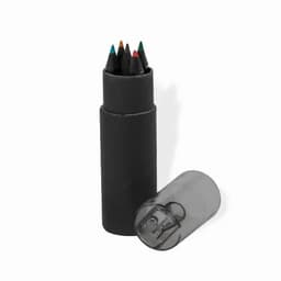 A pencil case in black with a transparent lid, containing several coloured pencils in various colours.