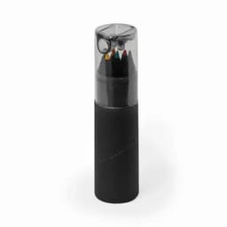 A cylindrical container with a transparent top filled with coloured pencils, featuring a black base.