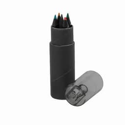 A cylindrical black container holds six coloured pencils, with a clear lid next to it.