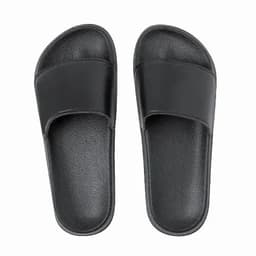 A pair of black slide sandals with a smooth surface and wide straps. The soles are textured for grip.