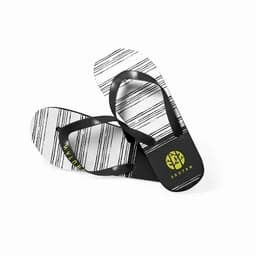 A pair of black and white flip-flops with a striped design and a logo on the sole.
