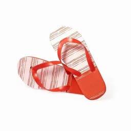 A pair of red flip-flops with a striped design and red straps, featuring a textured sole.