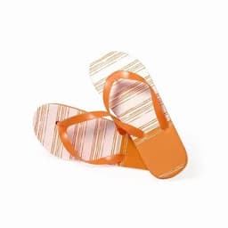 A pair of flip-flops featuring orange straps and a striped orange and white sole.