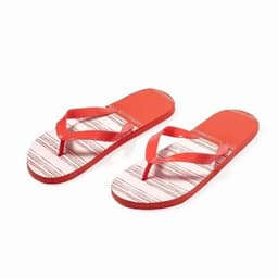 A pair of red flip-flops featuring a white striped pattern on the soles and a flat design.