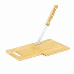 A wooden chopping board with a serrated knife inserted upright in it. The board features a handle and a groove.