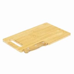 A bamboo cutting board with a handle, featuring a smooth surface and a natural finish.