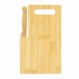 A bamboo cutting board with a handle, featuring a natural wood grain finish and an integrated knife.