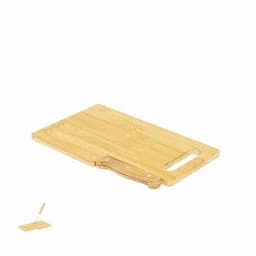 A wooden cutting board in a light bamboo finish, featuring a handle and a small notch for ease of use.