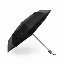 A black umbrella with a sleek design and a cork handle, featuring a sturdy structure and a modern look.