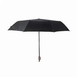 A black umbrella with a wooden handle and a sleek design, featuring a simple logo.