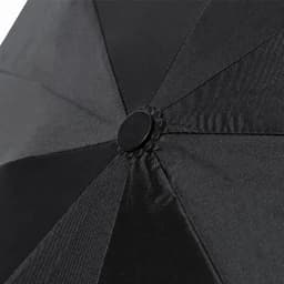 A black umbrella with a rounded button at the centre, showcasing the fabric's texture and seam details.